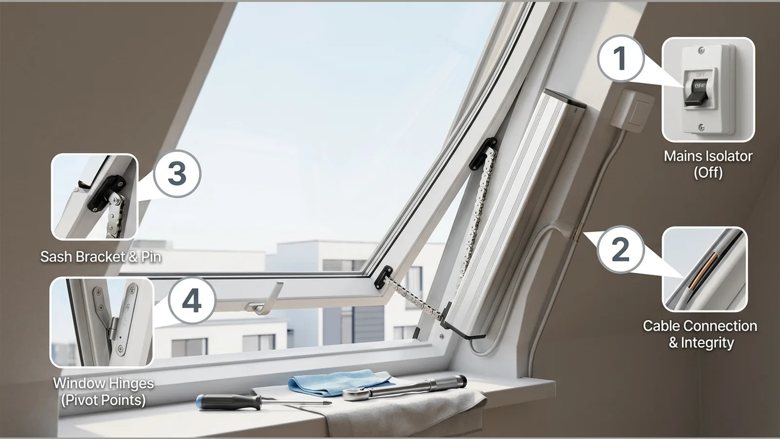Chain actuator maintenance points on a roof window
